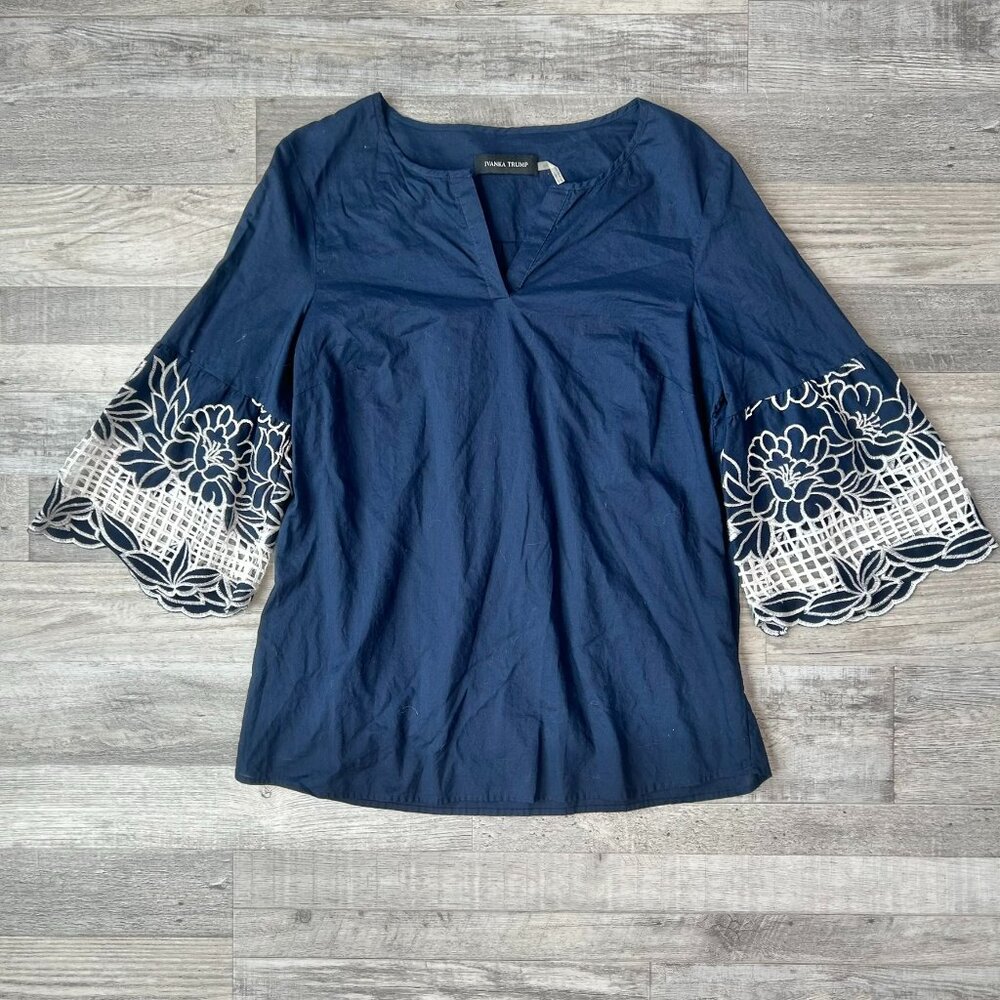 Petite Sophisticate Navy Embroidered Bell Sleeve Blouse